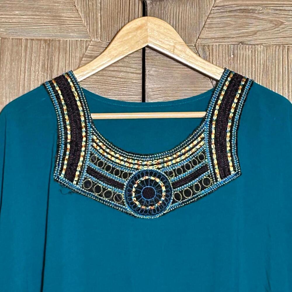 Womens Teal Tunic Dress Embroidered Neckline Size Medium Bohochic - Picture 2 of 5